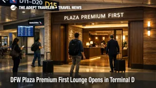 DFW Plaza Premium First lounge entrance in Terminal D, showing the new Dallas airport lounge option for premium travelers