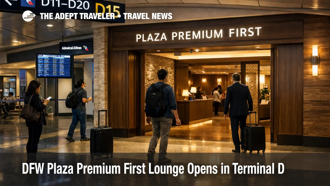 DFW Plaza Premium First lounge entrance in Terminal D, showing the new Dallas airport lounge option for premium travelers