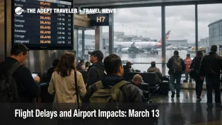 March 13 flight delays at Chicago O'Hare show travelers waiting near departure boards as wind driven airport impacts build