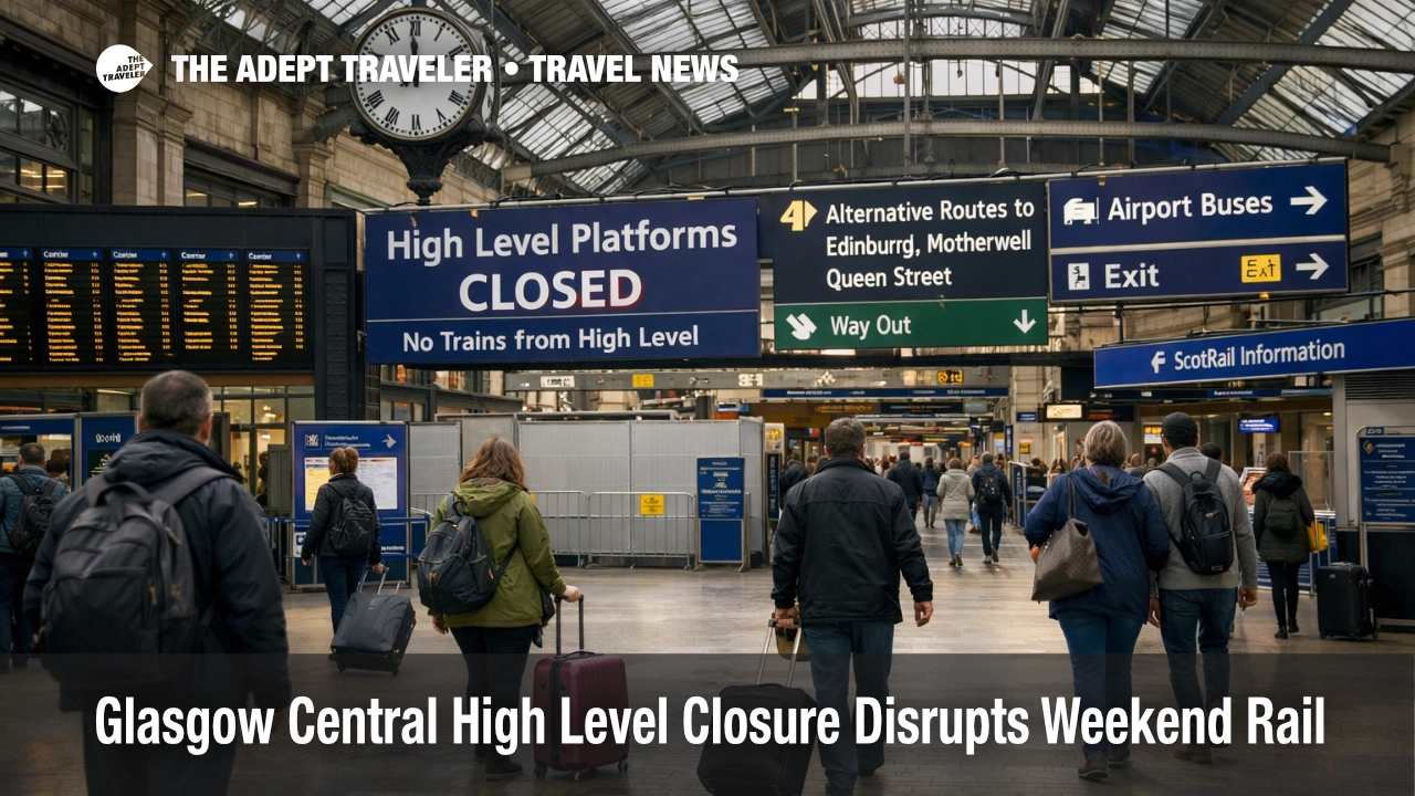 Glasgow Central rail disruption shown with travelers rerouting inside the station during the high level weekend closure
