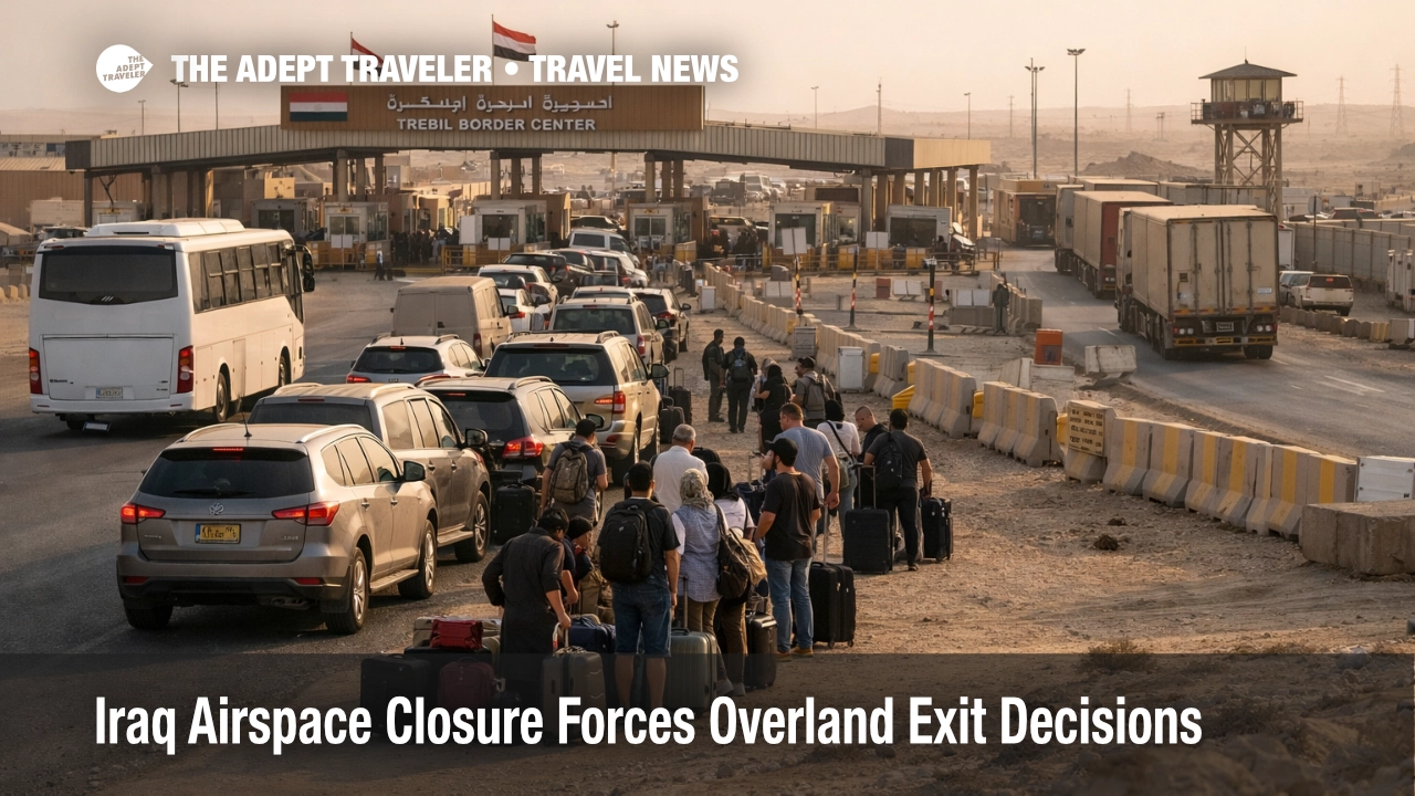 Iraq airspace closure pushes travelers into long queues at a desert border crossing for overland exit