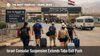 Israel consular suspension shifts travelers toward the Taba border crossing, with luggage lines and shuttle staging visible