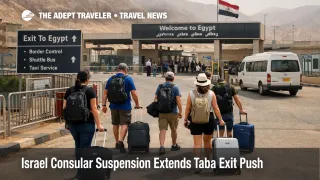 Israel consular suspension shifts travelers toward the Taba border crossing, with luggage lines and shuttle staging visible