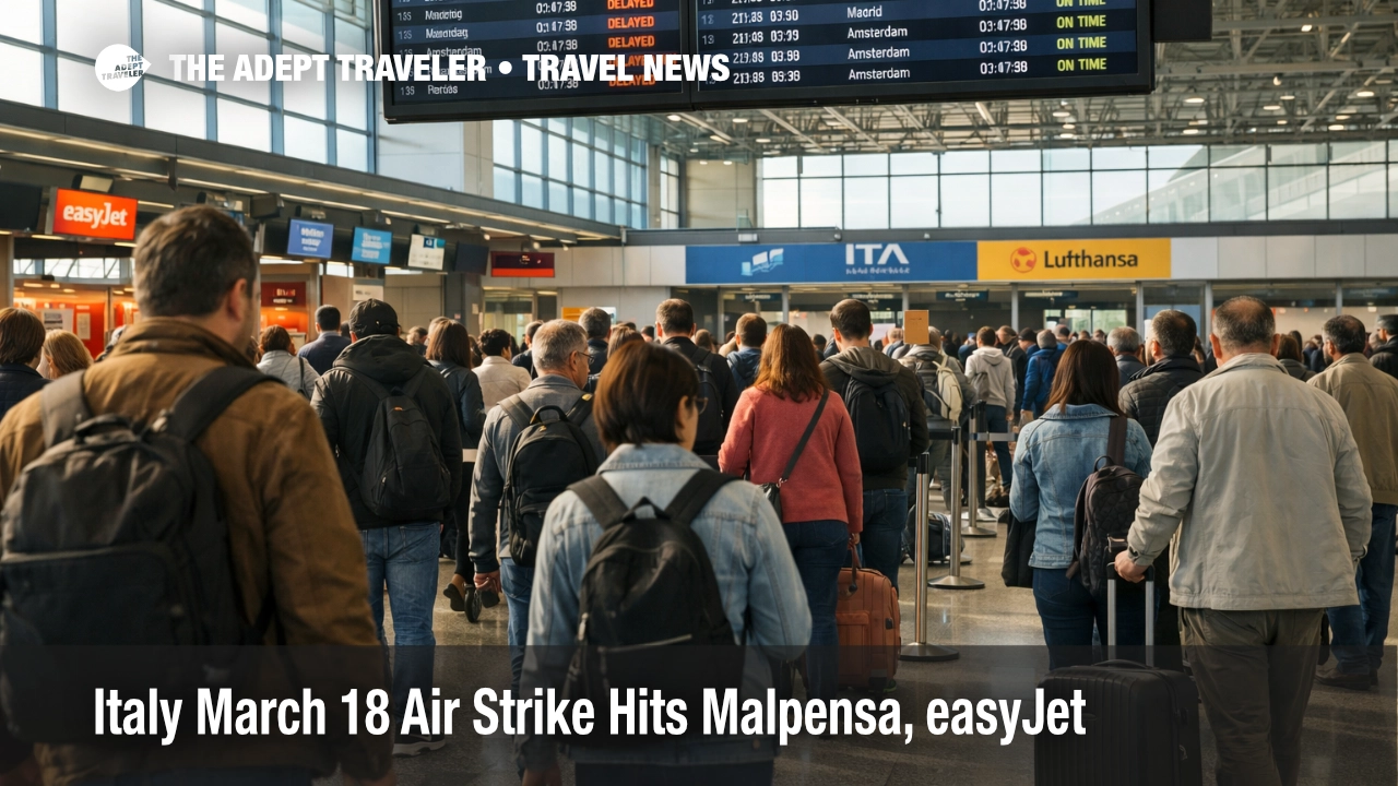 Italy March 18 air strike risk shown by queues and delay screens inside Milan Malpensa Airport departures