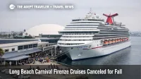 Carnival Firenze cancellations at Long Beach show the ship at terminal as travelers wait near embarkation areas