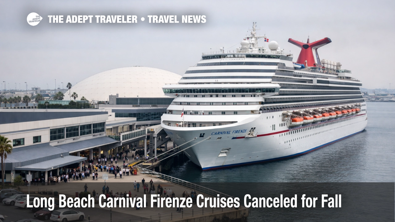 Carnival Firenze cancellations at Long Beach show the ship at terminal as travelers wait near embarkation areas