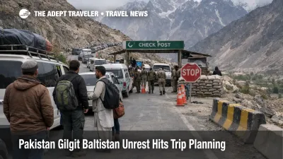 Gilgit Baltistan travel planning disruption shown on a slow mountain road near Skardu with checkpoint delays
