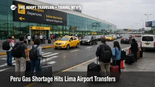 Peru gas shortage slows Lima airport transfers as travelers queue at Jorge Chávez pickup lanes under overcast skies