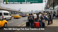 Travelers wait near Lima airport as Peru road transfer disruption raises taxi and shuttle delay risk during GNV shortages