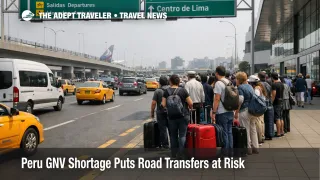 Travelers wait near Lima airport as Peru road transfer disruption raises taxi and shuttle delay risk during GNV shortages