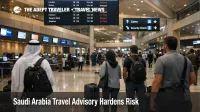 Saudi Arabia travel advisory scene at Riyadh airport shows travelers under tighter transit and exit planning conditions