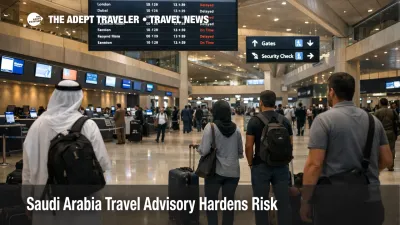 Saudi Arabia travel advisory scene at Riyadh airport shows travelers under tighter transit and exit planning conditions
