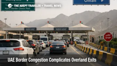 UAE border congestion at Hatta shows slow outbound lanes and checkpoint queues on an overland exit route