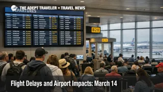 March 14 flight delays at JFK shown by waiting passengers and departure screens in a busy New York gate area