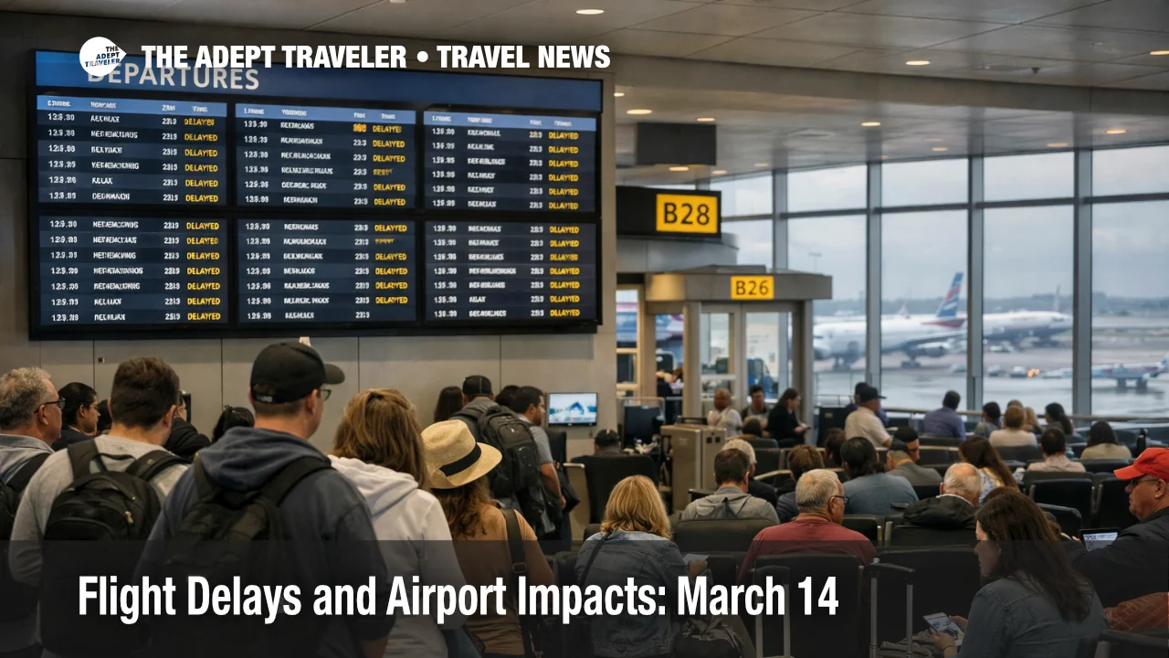March 14 flight delays at JFK shown by waiting passengers and departure screens in a busy New York gate area