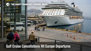 Gulf cruise cancellations ripple into Athens embarkations as a cruise ship waits at port under overcast skies