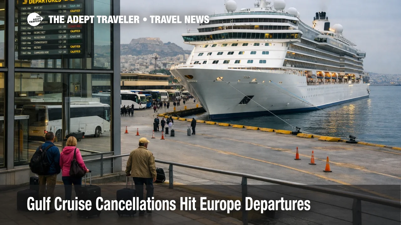 Gulf cruise cancellations ripple into Athens embarkations as a cruise ship waits at port under overcast skies