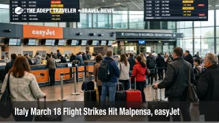 Italy March 18 flight strikes shown by queues and delay screens inside Milan Malpensa departures