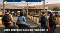 Travelers queue at King Hussein Bridge as Jordan border crossing hours tighten same day exit planning on March 14