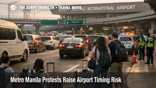 Metro Manila protest risk slows access to Ninoy Aquino International Airport as heavy traffic builds near terminal approaches