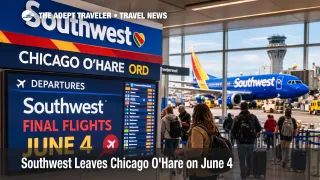 Southwest Chicago O'Hare exit shown by travelers checking departure boards inside an ORD concourse before June 4