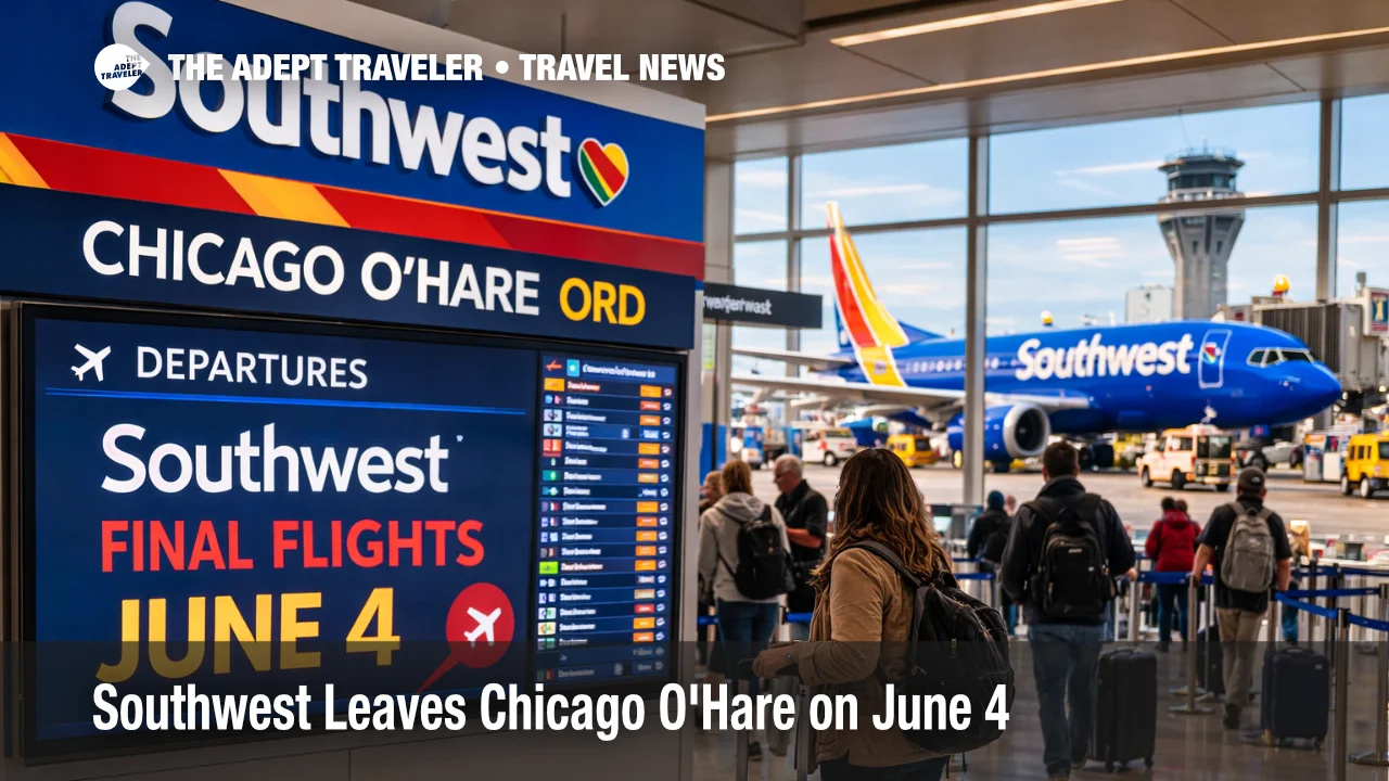 Southwest Chicago O'Hare exit shown by travelers checking departure boards inside an ORD concourse before June 4