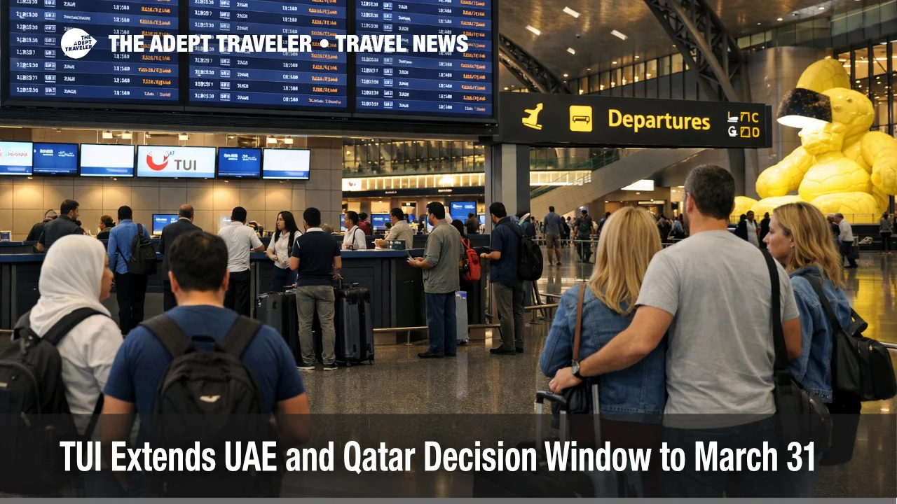 TUI UAE Qatar travel alert at Doha airport shows travelers waiting as Gulf transit disruption extends into late March