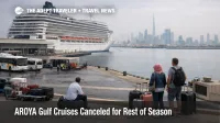AROYA Gulf cruises canceled scene at Dubai port with cruise terminal activity and travelers reworking embarkation plans