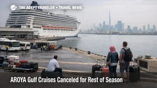 AROYA Gulf cruises canceled scene at Dubai port with cruise terminal activity and travelers reworking embarkation plans