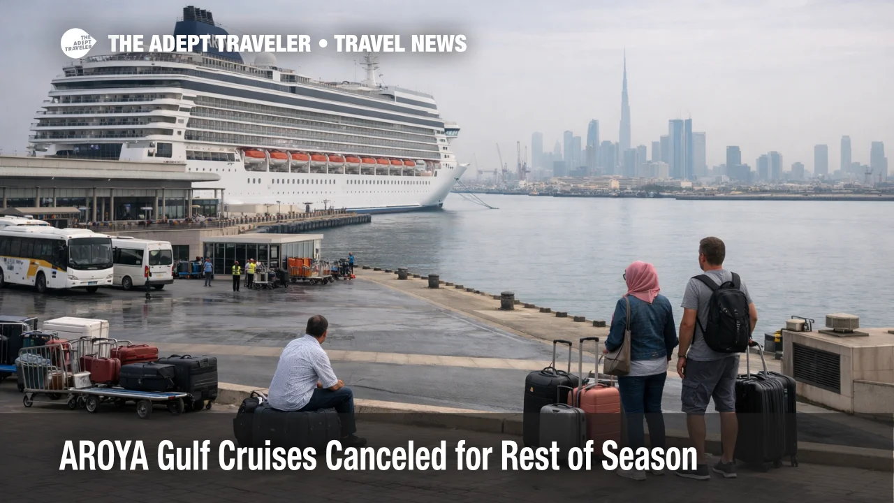 AROYA Gulf cruises canceled scene at Dubai port with cruise terminal activity and travelers reworking embarkation plans
