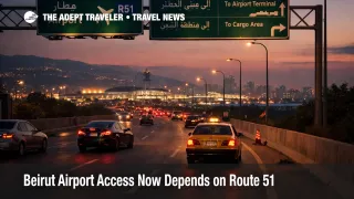 Beirut airport access on Route 51 shows controlled road traffic toward BEY during a tightly managed departure corridor