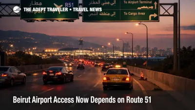 Beirut airport access on Route 51 shows controlled road traffic toward BEY during a tightly managed departure corridor