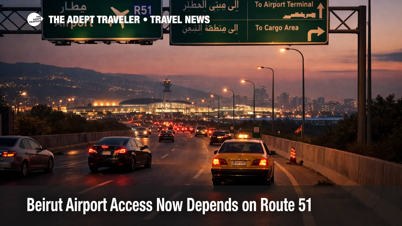 Beirut airport access on Route 51 shows controlled road traffic toward BEY during a tightly managed departure corridor