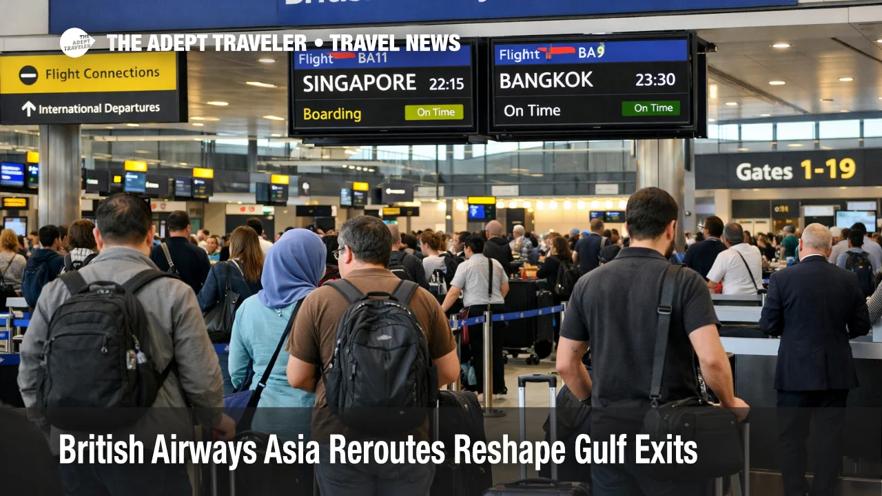 British Airways Asia reroutes shown on Heathrow departure screens as stranded Gulf travelers queue for Singapore and Bangkok flights