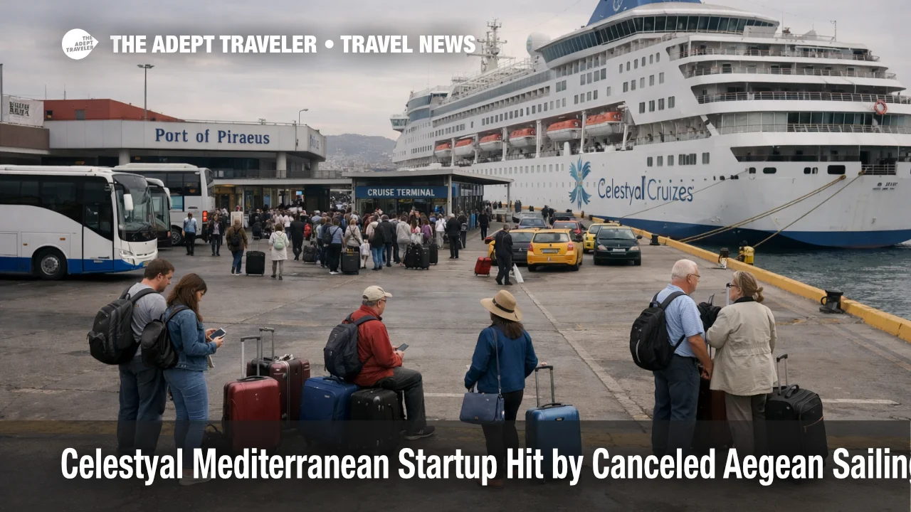 Celestyal Aegean sailings canceled, shown through a busy Athens cruise terminal and delayed embarkation scene