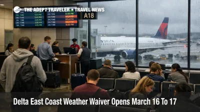 Delta East Coast weather waiver shown by crowded ATL gate area, delay screens, and wet ramp before March 16 storms