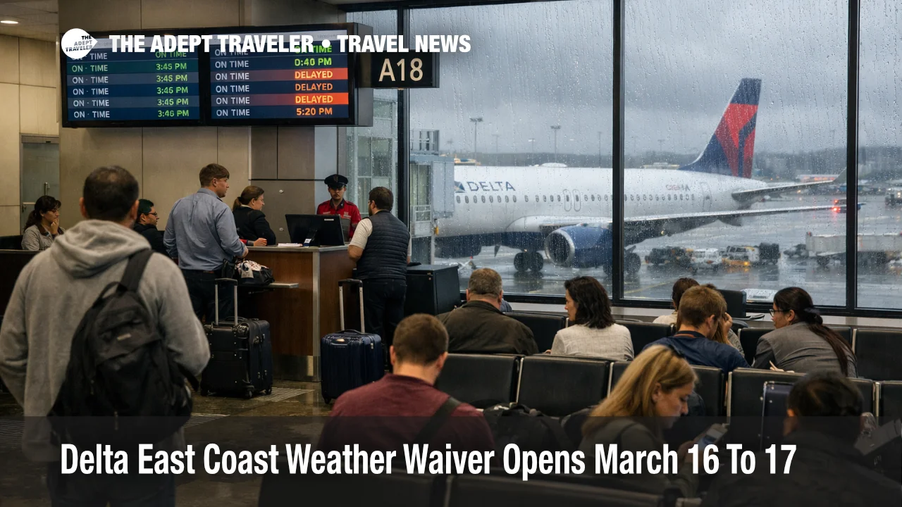 Delta East Coast weather waiver shown by crowded ATL gate area, delay screens, and wet ramp before March 16 storms