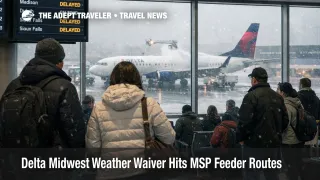 Delta Midwest weather waiver at MSP shows delayed departures, waiting travelers, and active winter operations