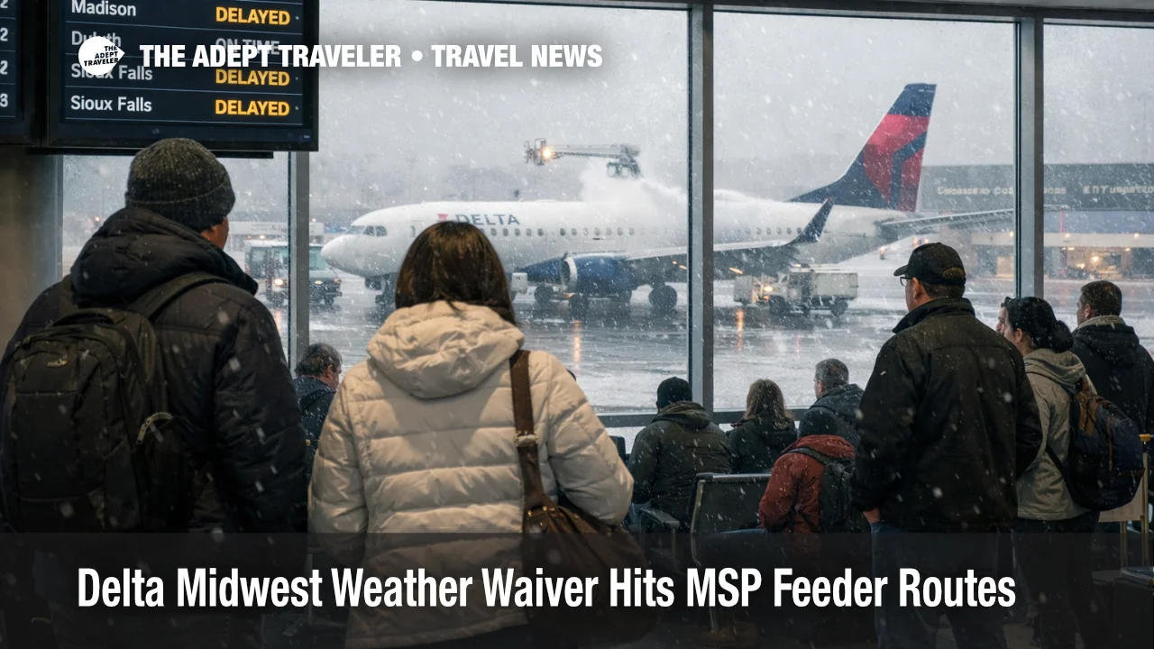 Delta Midwest weather waiver at MSP shows delayed departures, waiting travelers, and active winter operations