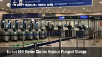 Europe EES border checks at a Paris airport passport control hall with biometric kiosks replacing passport stamps