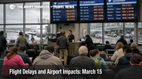 March 15 flight delays at Chicago O'Hare shown by crowded gates and delayed departure boards on a stormy day