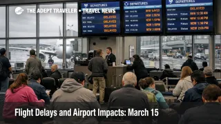 March 15 flight delays at Chicago O'Hare shown by crowded gates and delayed departure boards on a stormy day