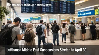 Lufthansa Middle East suspensions shown by travelers waiting under departure boards at Dubai airport