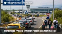 Podgorica airport access scene with traffic delays near the terminal approach as Montenegro protests threaten transfers