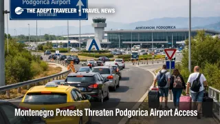 Podgorica airport access scene with traffic delays near the terminal approach as Montenegro protests threaten transfers