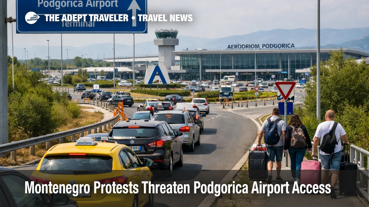 Podgorica airport access scene with traffic delays near the terminal approach as Montenegro protests threaten transfers