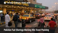 Pakistan fuel shortage travel risk shown by slower airport drop off traffic outside Karachi's main terminal