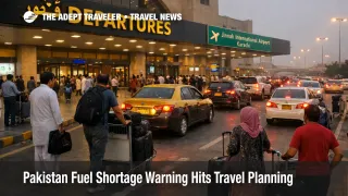 Pakistan fuel shortage travel risk shown by slower airport drop off traffic outside Karachi's main terminal
