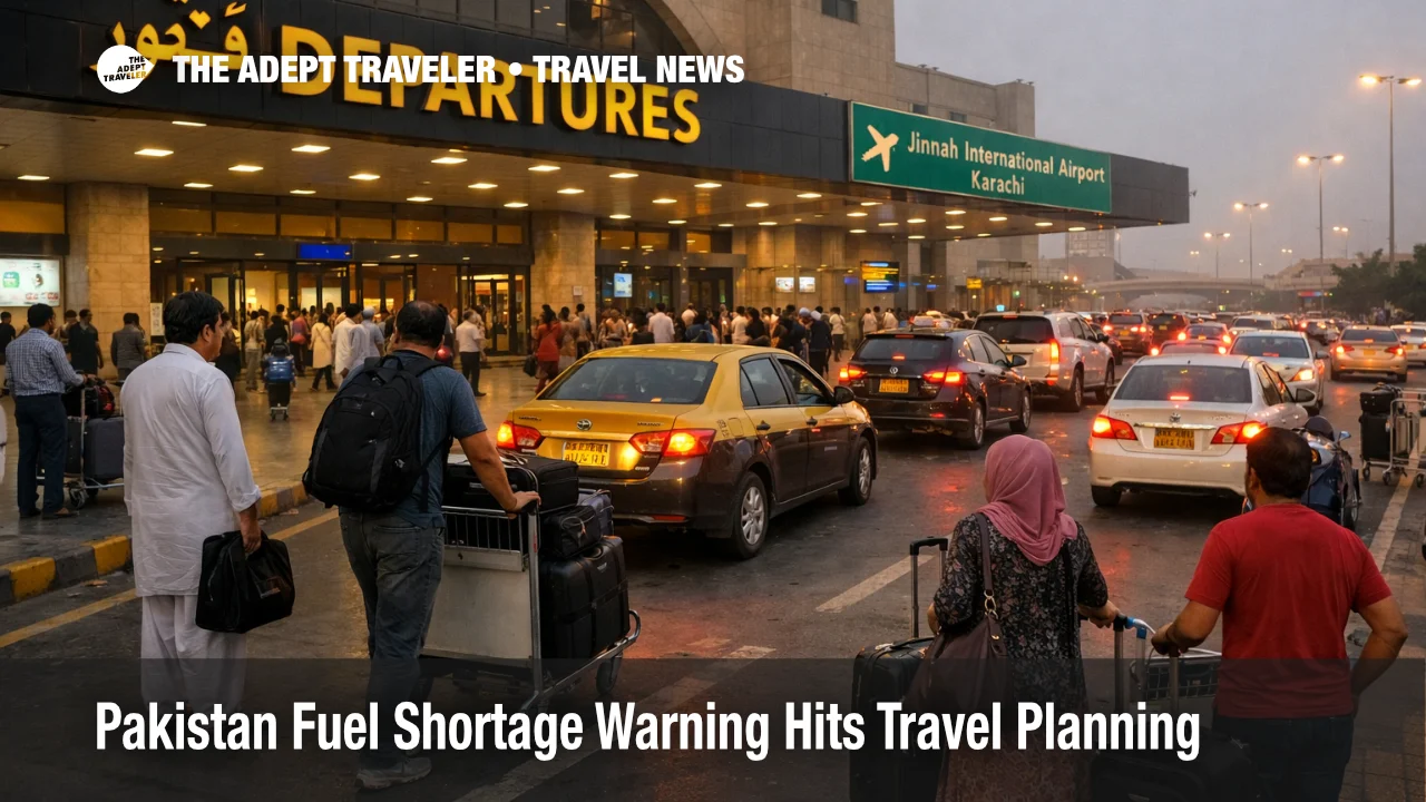 Pakistan fuel shortage travel risk shown by slower airport drop off traffic outside Karachi's main terminal