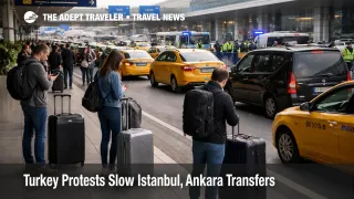 Turkey protest transport delays leave Istanbul airport transfer traffic slow as travelers wait curbside with luggage